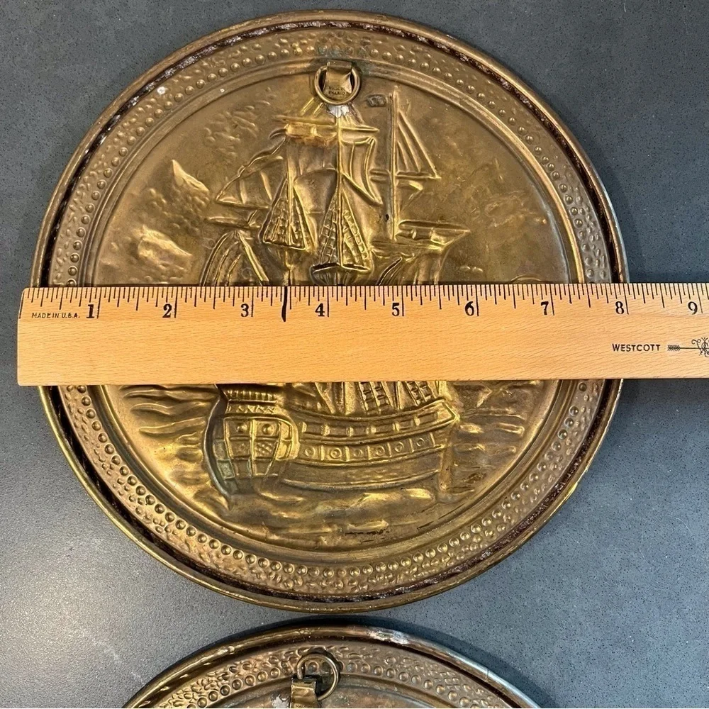 Vintage set 2 brass foil ship plaques Made in England